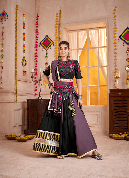 Garba Special Multicolor Kutchi Work Viscose Cotton Readymade Fully Stitched Festive Wear Lehenga Choli With Belt