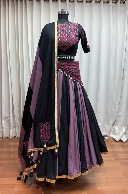 Garba Special Multicolor Kutchi Work Viscose Cotton Readymade Fully Stitched Festive Wear Lehenga Choli With Belt