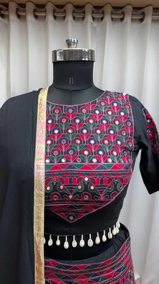 Garba Special Multicolor Kutchi Work Viscose Cotton Readymade Fully Stitched Festive Wear Lehenga Choli With Belt