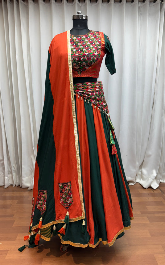 Navratri Night Special Multicolor Kutchi Work Viscose Cotton Readymade Fully Stitched Festive Wear Lehenga Choli For Women