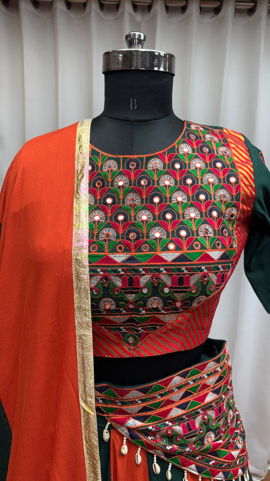 Navratri Night Special Multicolor Kutchi Work Viscose Cotton Readymade Fully Stitched Festive Wear Lehenga Choli For Women