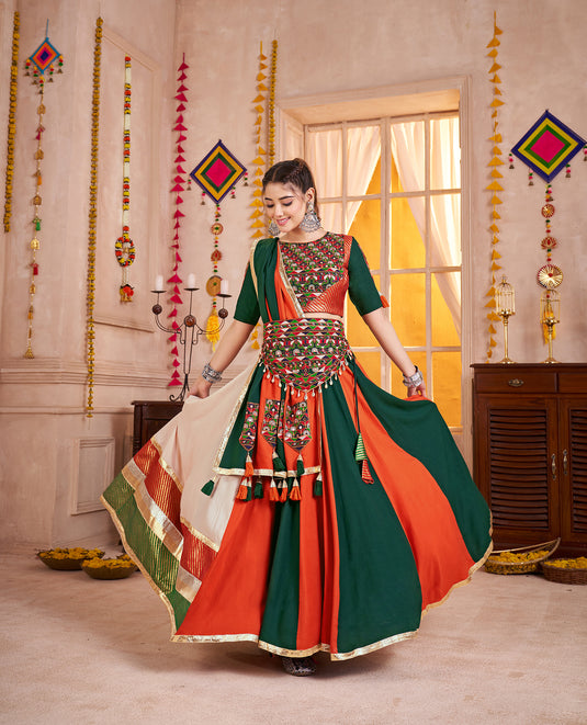 Navratri Night Special Multicolor Kutchi Work Viscose Cotton Readymade Fully Stitched Festive Wear Lehenga Choli For Women