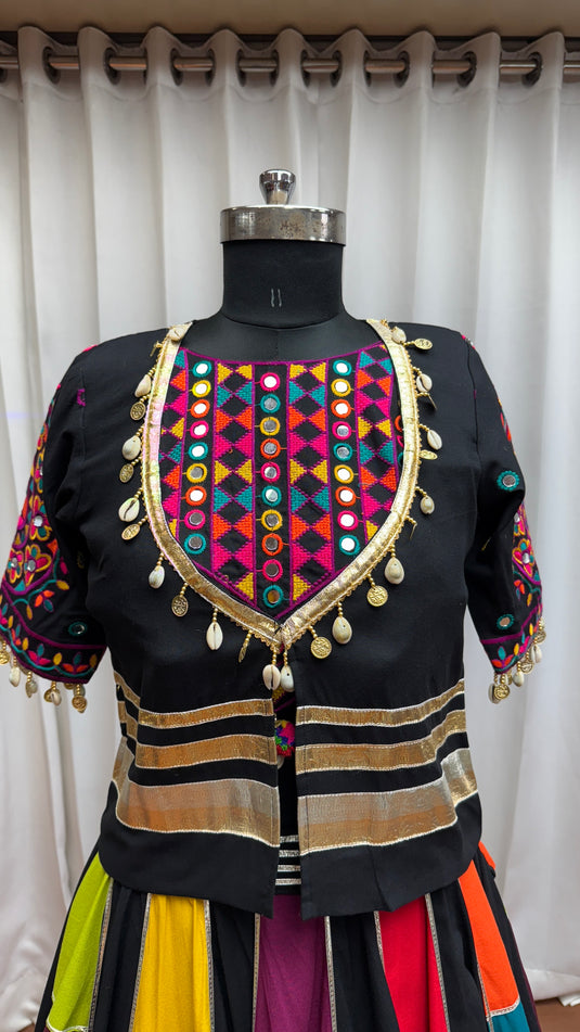 Dandiya Night Multicolor Kutchi Work Viscose Cotton Readymade Fully Stitched Lehenga Choli with Jacket For Women