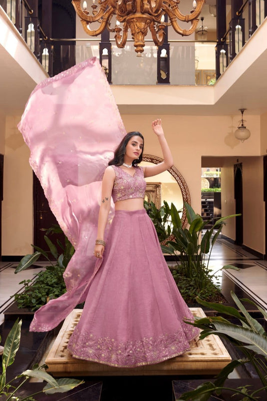 Green Vichitra Silk Sequins & Pearl Embroidered Semi Stitched Bridal Lehenga Choli