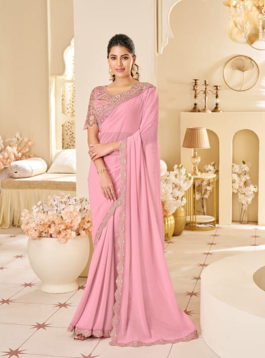 Purple Two Tone Georgette Silk Zari & Thread Embroidered Festive Wear Saree