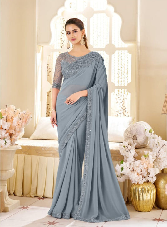 Purple Two Tone Georgette Silk Zari & Thread Embroidered Festive Wear Saree