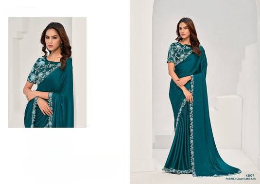 Designer Dark Pink Sequins Hand Embroidered Crepe Satin Silk Georgette Festive Wear Saree