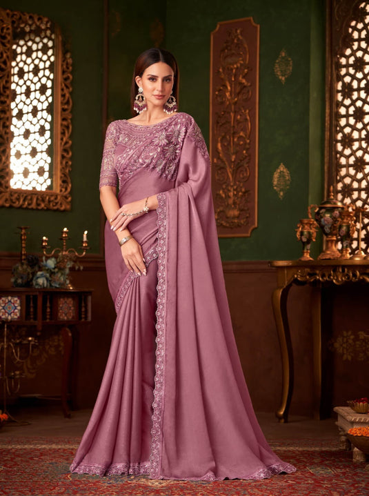 Dusty Pink Silk Chiffon Zari & Sequins Embroidered Work Saree