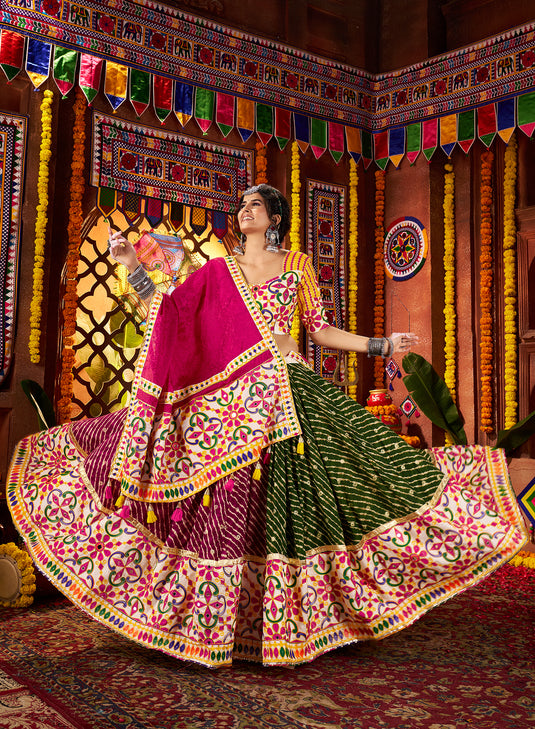 Navratri Special Multicolor Viscose Cotton, Silk Printed Mirror Work Fully Stitched Festive Wear Lehenga Choli