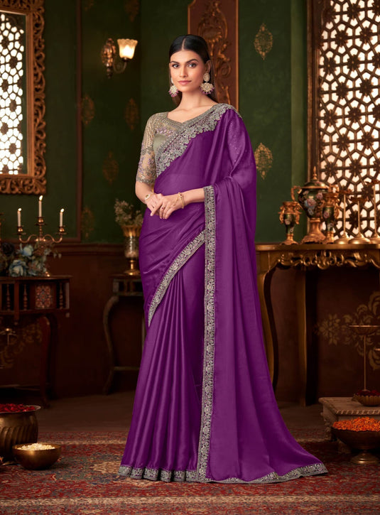 Dusty Pink Silk Chiffon Zari & Sequins Embroidered Work Saree