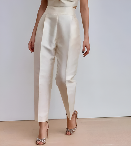 Ivory Satin Silk Bottom, High-Waisted Pant, Office Pants for Women