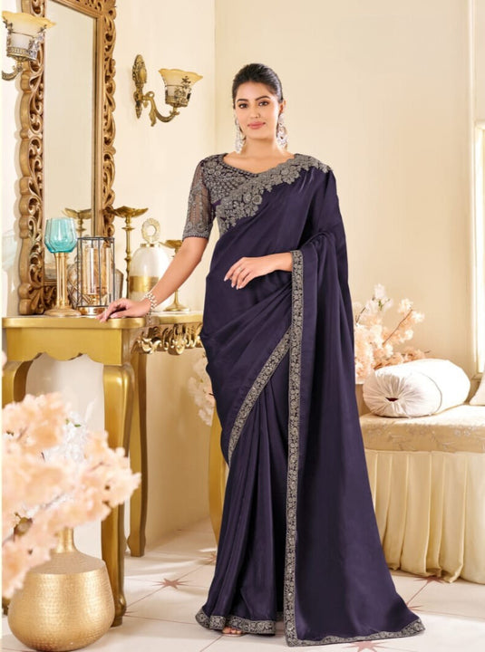 Purple Two Tone Georgette Silk Zari & Thread Embroidered Festive Wear Saree