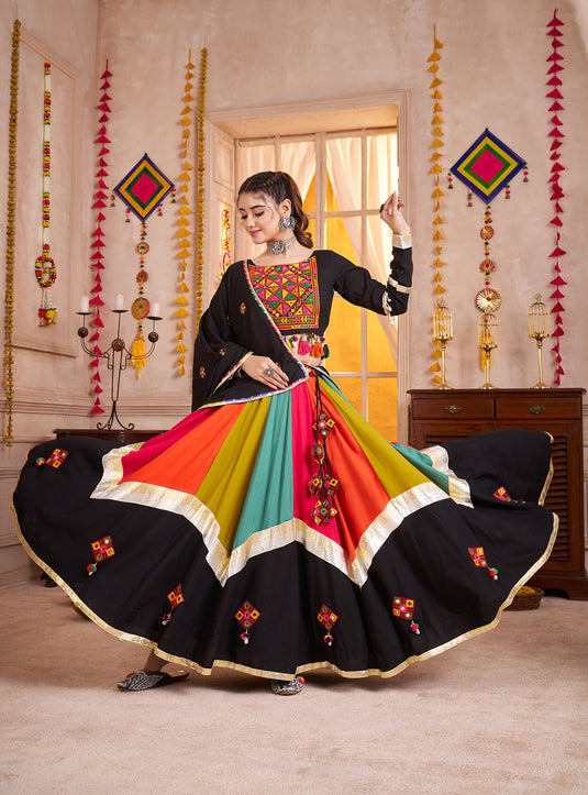 Navratri Special Black Viscose Cotton Thread & Mirror Work Readymade Fully Stitch Festive Wear Lehenga Choli