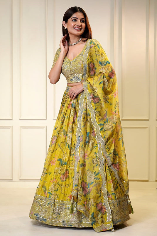 Lemon Yellow Organza Zari & Sequins Embroidered Fully Stitched Lehenga Choli