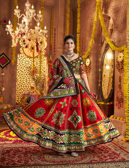 Navratri Special Red Organic Cotton Aari Foil Work Fully Stitched Festive Wear Lehenga Choli