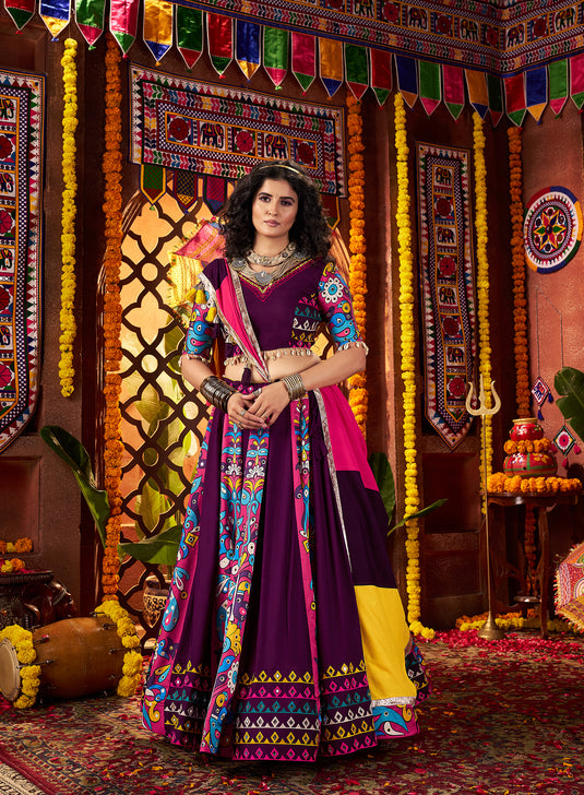 Navratri Special Purple Viscose Cotton Gajji Silk Embroidered Fully Stitched Festive Wear Lehenga Choli