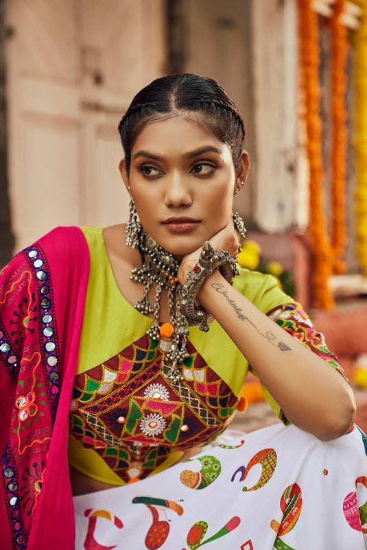 Parrot Green-White Maslin Cotton Digital Printed Semi Stitched Lehenga Choli