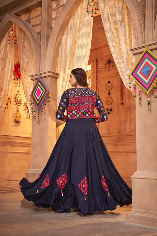 Navy Blue Viscose Rayon Thread And Mirror Embroidered Fully Stitched Lehenga Choli
