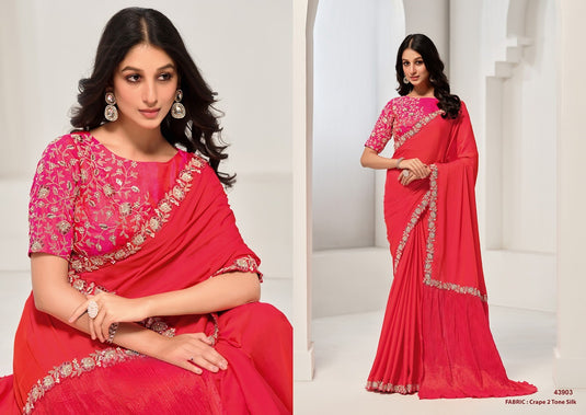 Designer Dark Pink Sequins Hand Embroidered Crepe Satin Silk Georgette Festive Wear Saree