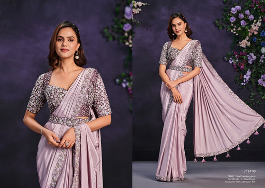 Elegant Sky Blue Sequins Embroidered Georgette Crepe Satin Silk Stone Moti Work Festive Saree with Readymade Heavy Blouse with Waist Belt