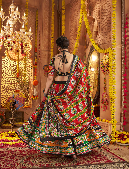 Navratri Special Red Organic Cotton Aari Foil Work Fully Stitched Festive Wear Lehenga Choli