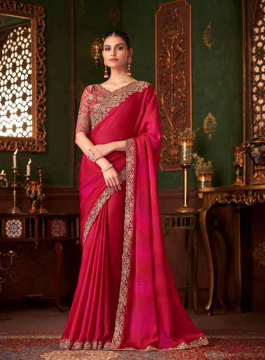 Dusty Pink Silk Chiffon Zari & Sequins Embroidered Work Saree