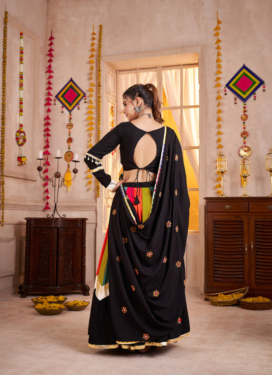 Navratri Special Black Viscose Cotton Thread & Mirror Work Readymade Fully Stitch Festive Wear Lehenga Choli