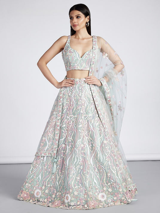 Cream Net Sequins Embroidered Semi Stitched Wedding Wear Lehenga Choli