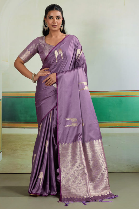 Wine Satin Handloom Weaving Party Wear Saree For Women