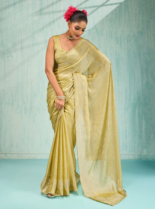 Designer Pink Zarkhan Embellished Dual Tone Velvet Chiffon Festive Wear Saree For Women