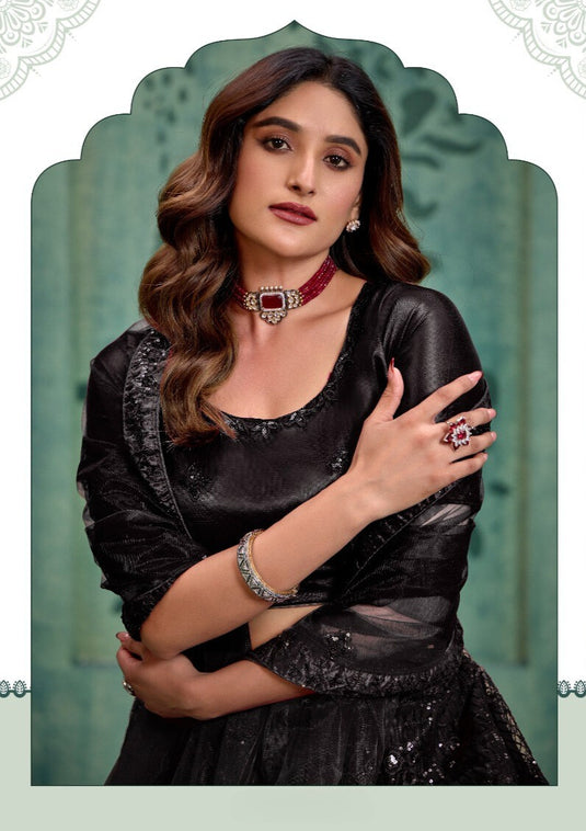 Black Butterfly Net Sequins Embroidered Semi Stitched Lehenga Choli