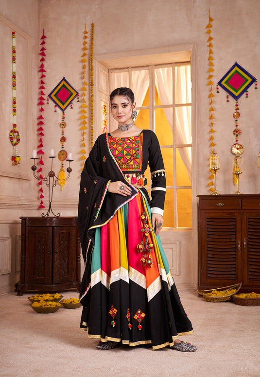 Navratri Special Black Viscose Cotton Thread & Mirror Work Readymade Fully Stitch Festive Wear Lehenga Choli
