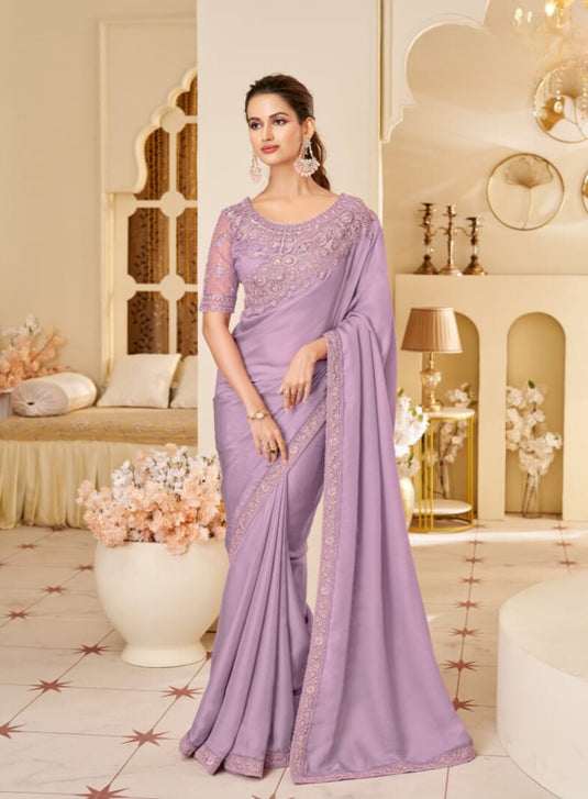 Purple Two Tone Georgette Silk Zari & Thread Embroidered Festive Wear Saree
