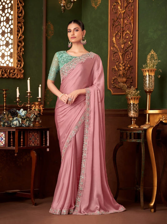 Dusty Pink Silk Chiffon Zari & Sequins Embroidered Work Saree