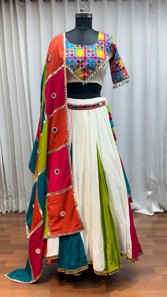 Navratri Special Multicolor Gamthi Work Viscose Cotton Readymade Fully Stitched Festive Wear Lehenga Choli For Women