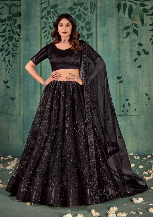 Black Butterfly Net Sequins Embroidered Semi Stitched Lehenga Choli