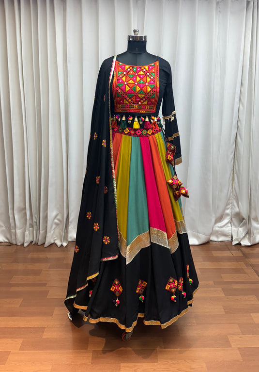 Navratri Special Black Viscose Cotton Thread & Mirror Work Readymade Fully Stitch Festive Wear Lehenga Choli