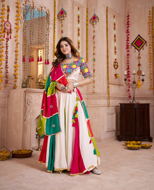 Navratri Special Multicolor Gamthi Work Viscose Cotton Readymade Fully Stitched Festive Wear Lehenga Choli For Women