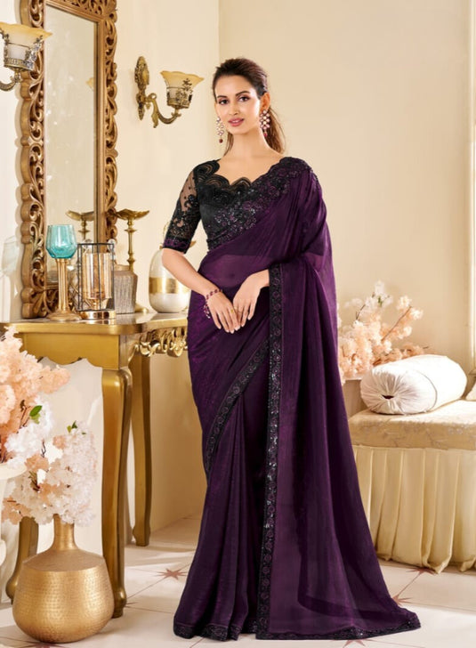 Purple Two Tone Georgette Silk Zari & Thread Embroidered Festive Wear Saree