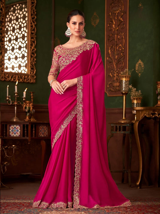 Dusty Pink Silk Chiffon Zari & Sequins Embroidered Work Saree