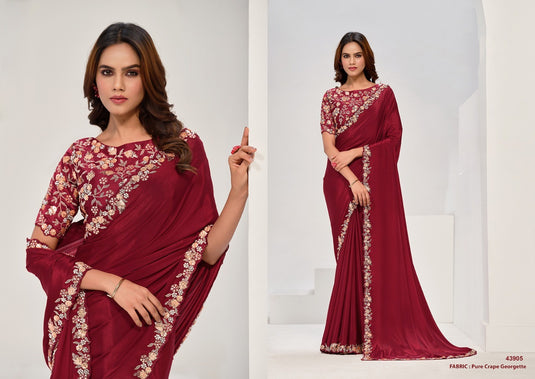 Designer Dark Pink Sequins Hand Embroidered Crepe Satin Silk Georgette Festive Wear Saree