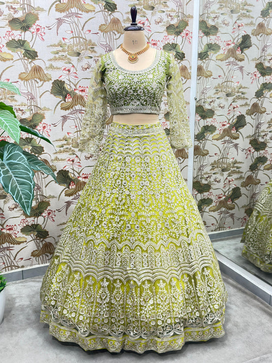 Green Net Thread & Sequins Embroidered Semi Stitched Bridal Lehenga Choli