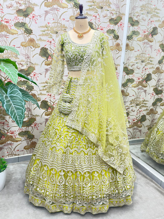 Green Net Thread & Sequins Embroidered Semi Stitched Bridal Lehenga Choli
