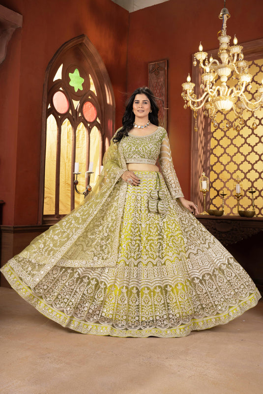 Green Net Thread & Sequins Embroidered Semi Stitched Bridal Lehenga Choli