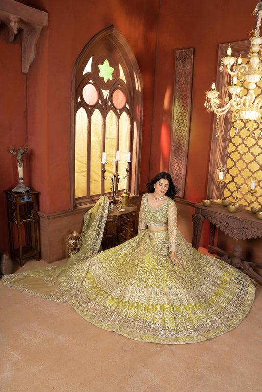 Green Net Thread & Sequins Embroidered Semi Stitched Bridal Lehenga Choli