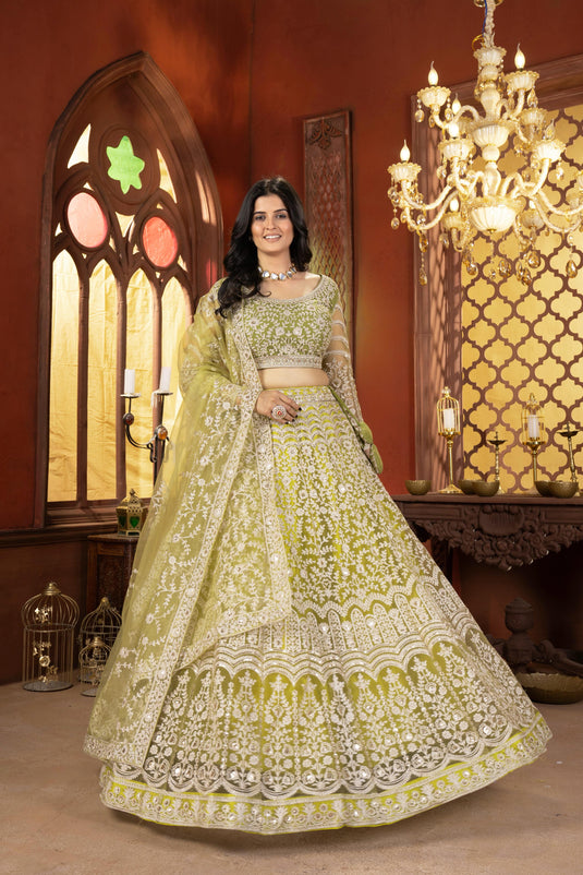 Green Net Thread & Sequins Embroidered Semi Stitched Bridal Lehenga Choli