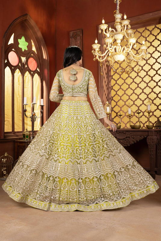 Green Net Thread & Sequins Embroidered Semi Stitched Bridal Lehenga Choli