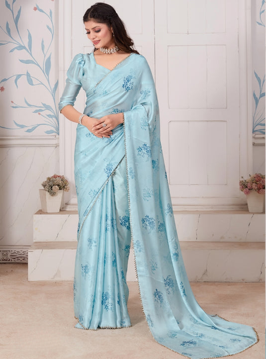 Sky Blue Graceful Premium Satin Floral Digital Printed Saree