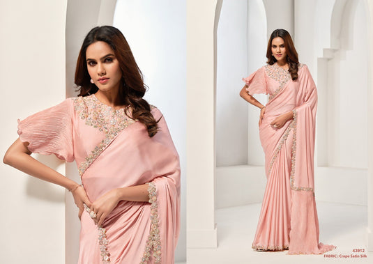 Designer Dark Pink Sequins Hand Embroidered Crepe Satin Silk Georgette Festive Wear Saree