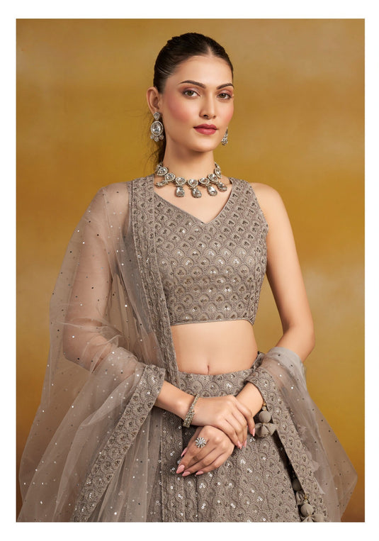 Grey Georgette Sequins & Thread Embroidered Semi Stitched Wedding Wear Lehenga Choli